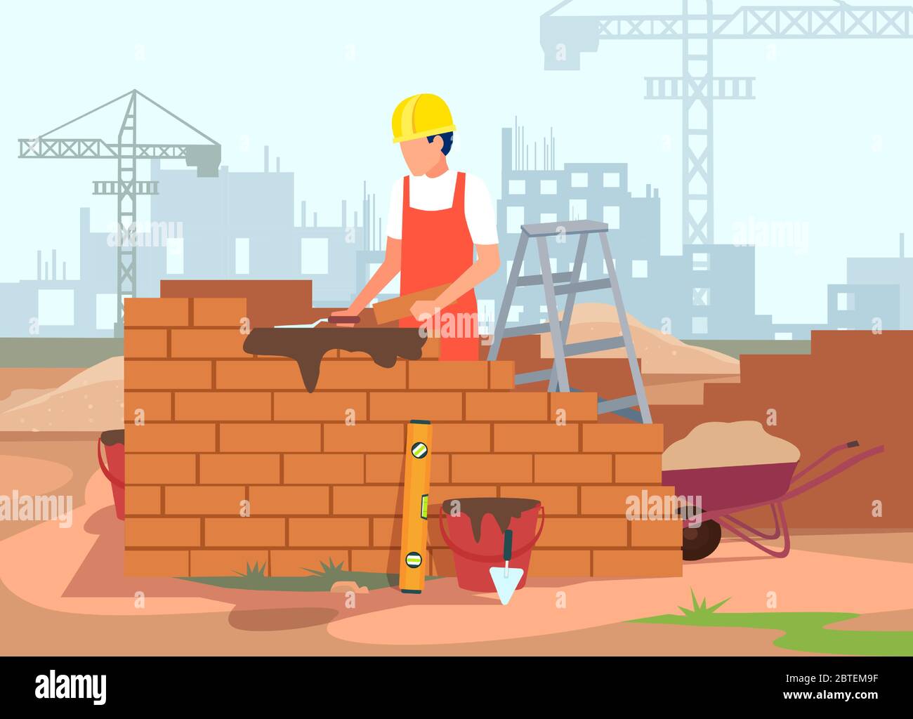 Vektor eines jungen Arbeiters in Sicherheitshelm, der auf einer Baustelle zu Hause arbeitet Stock Vektor