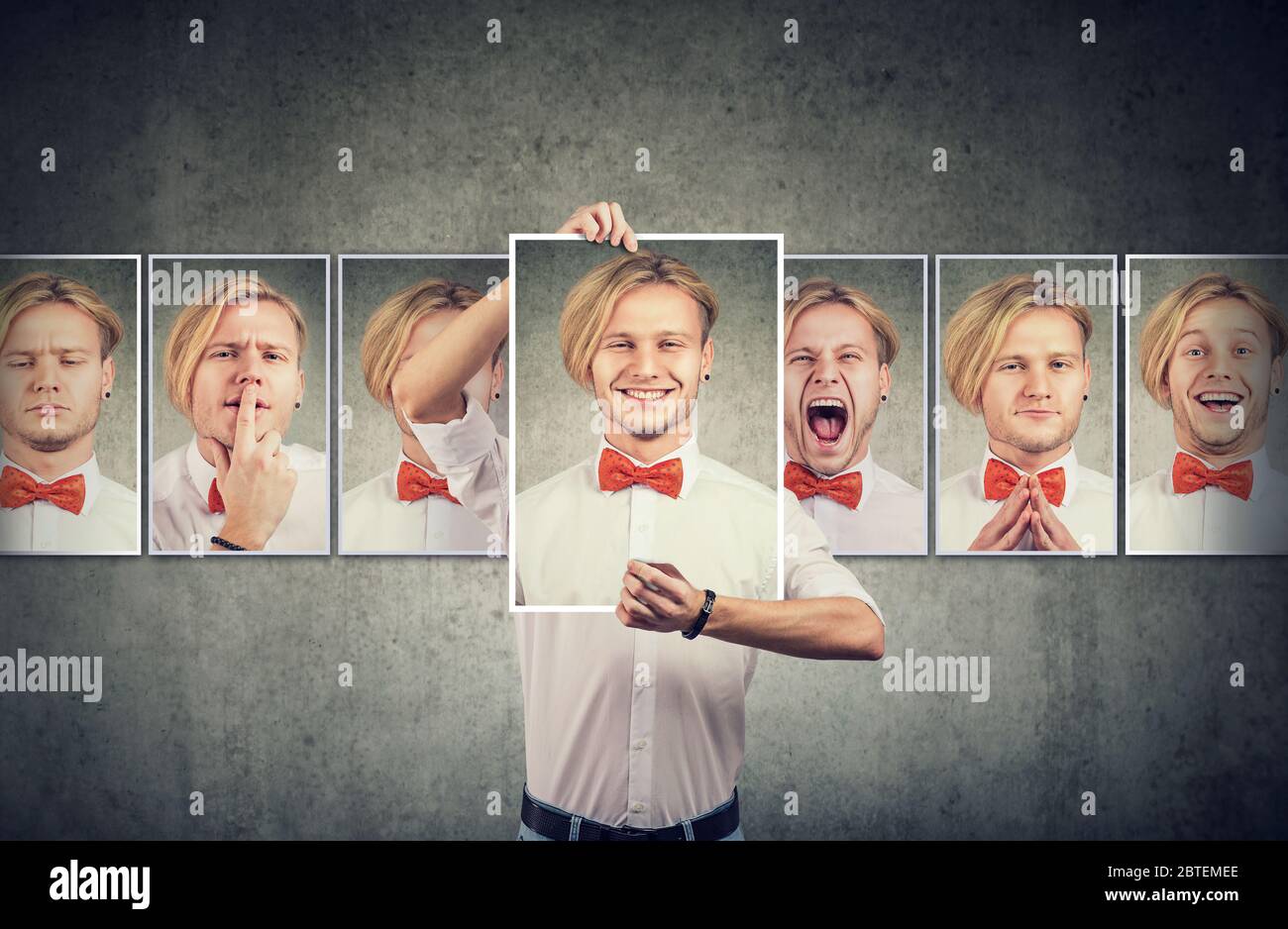 Junger Mann verschiedene Emotionen zum Ausdruck maskiert Stockfoto