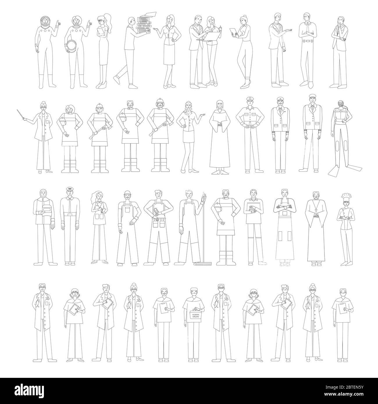 Monochrome Sammlung von weiblichen und männlichen Arbeitern verschiedener Berufe. Bündel von Menschen verschiedener Berufe in Suiten. Isoliert auf weiß Stock Vektor