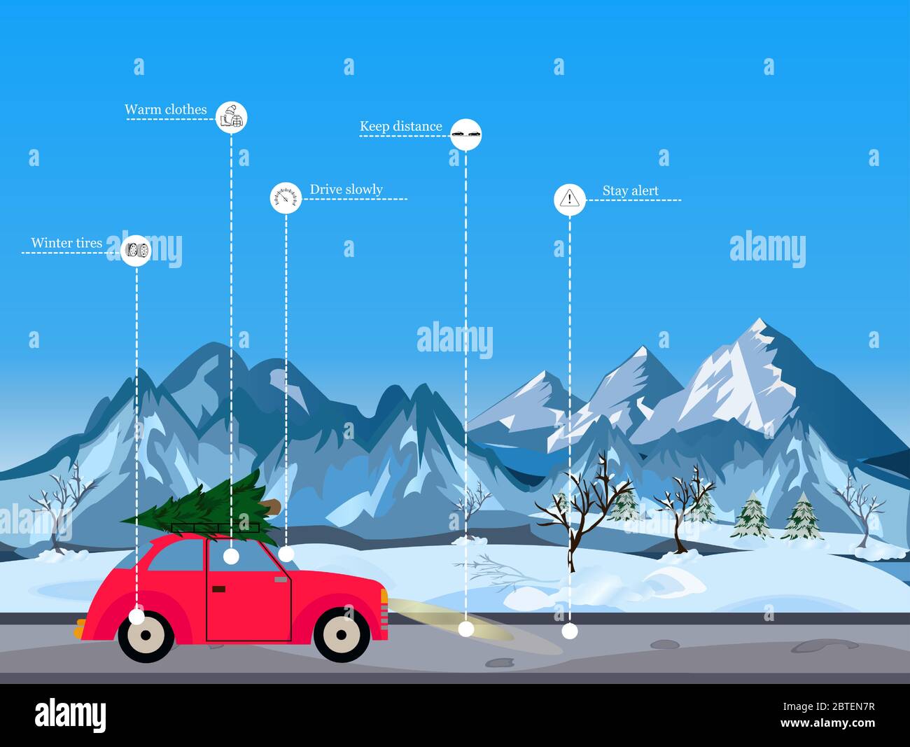 Winter Fahrtipps Konzept. Vektor der roten Retro-Auto fahren in schneebedeckten Bergen auf Weihnachten Stock Vektor