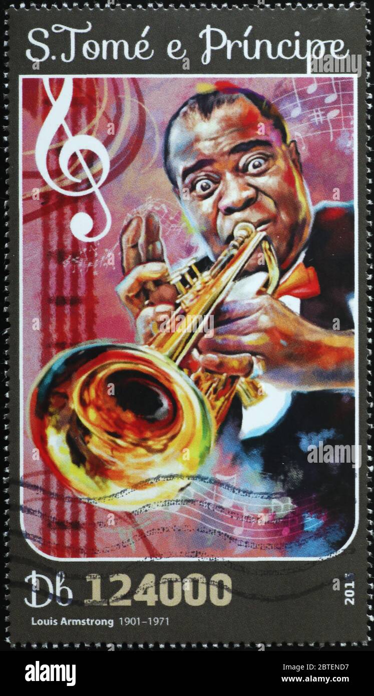 Schöner Stempel von Louis Armstrong, der Trompete spielt Stockfoto