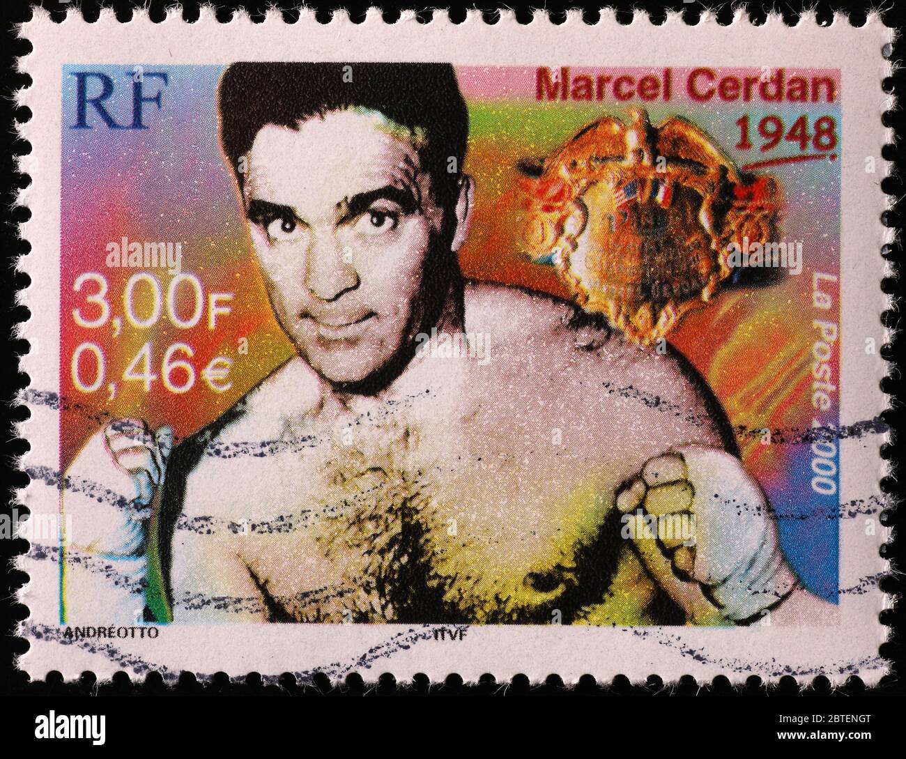Boxer Marcel Cerdan auf französischer Briefmarke Stockfoto