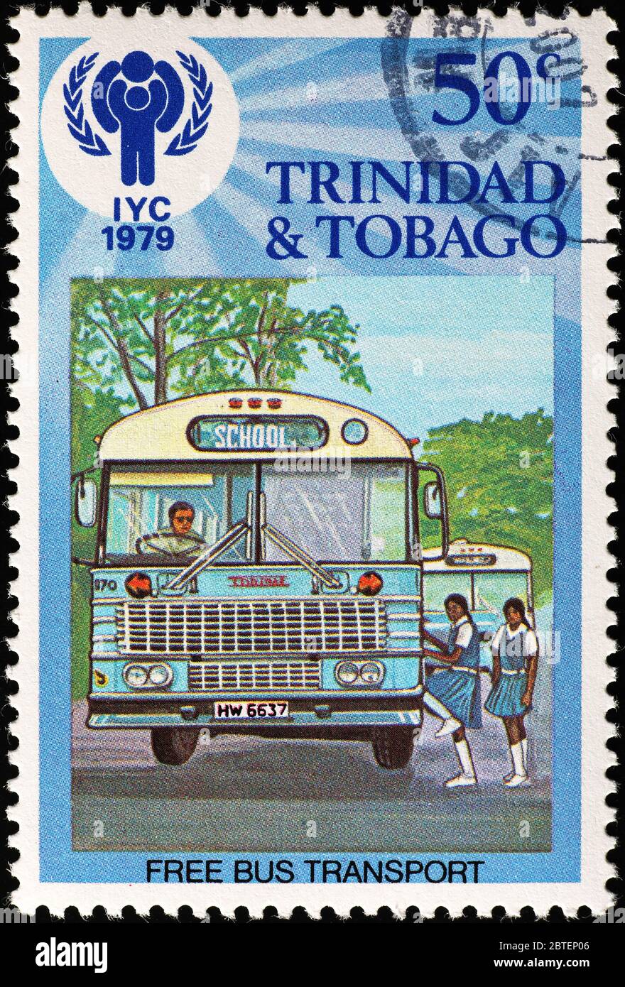 Kostenloser Bus für Studenten auf Briefmarke Stockfoto