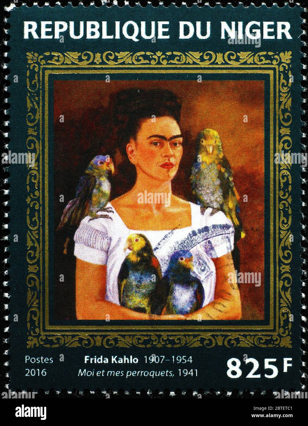 Selbstporträt mit Papageien von Frida Kahlo auf Briefmarke Stockfoto