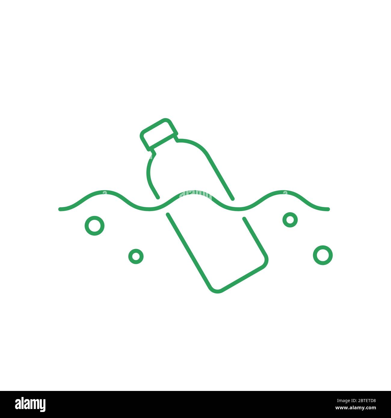 Flasche schwimmt in einem Ozean oder einem Fluss. Symbol für dünne Linie. Konzept der Kunststoffverschmutzung. Umweltproblem, Mikroplastik im Wasser. Grüne Umrandung auf Weiß Stock Vektor