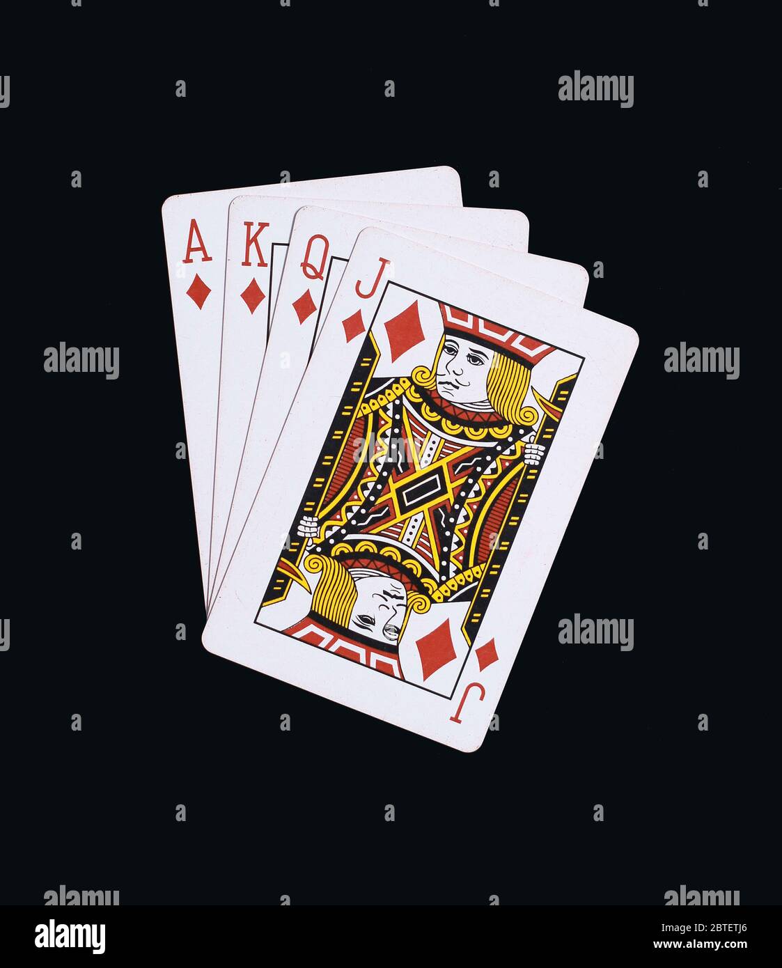 Poker Diamanten von J Q K A Spielkarten isoliert auf schwarzem Hintergrund Stockfoto