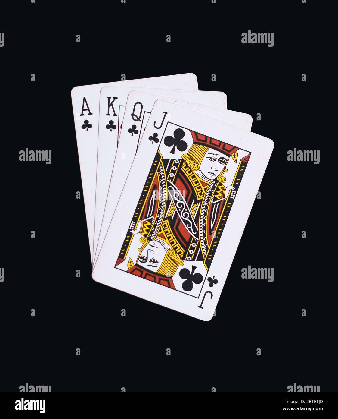 Poker Clubs von J Q K A Spielkarten isoliert auf schwarzem Hintergrund Stockfoto
