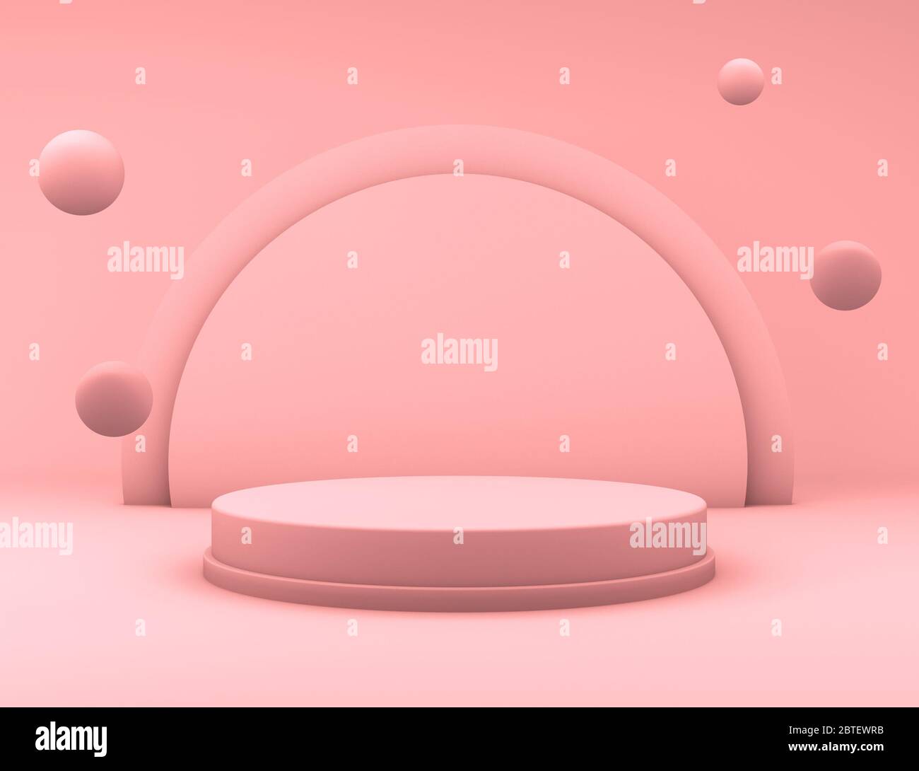3D-Rendering eines minimalen rosa Podium Hintergrund mit Kugeln schwimmend für Produktpräsentation Szene Stockfoto