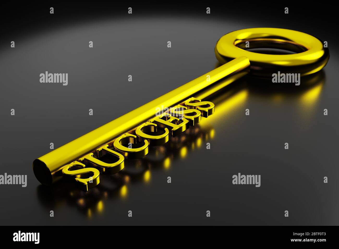 Schlüssel zum Erfolg Konzept. Glänzend goldenen Schlüssel zum Erfolg isoliert auf schwarzer Farbe mit Reflexion, 3D-Rendering Stockfoto