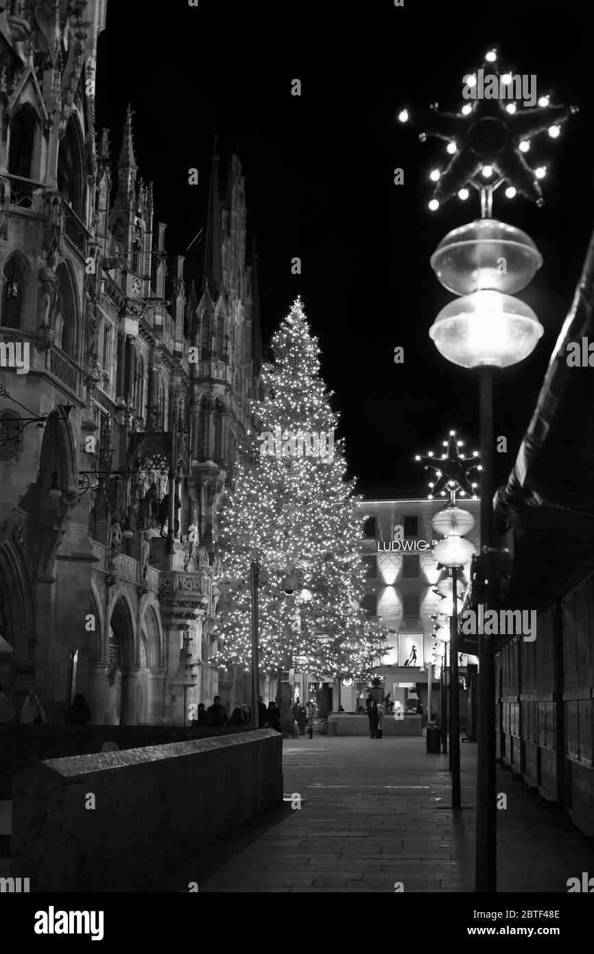 Weihnachtsbaum in der Nacht mit Lichtern. Marienplatz in München, Deutschland. (Schwarz und Weiß) Stockfoto