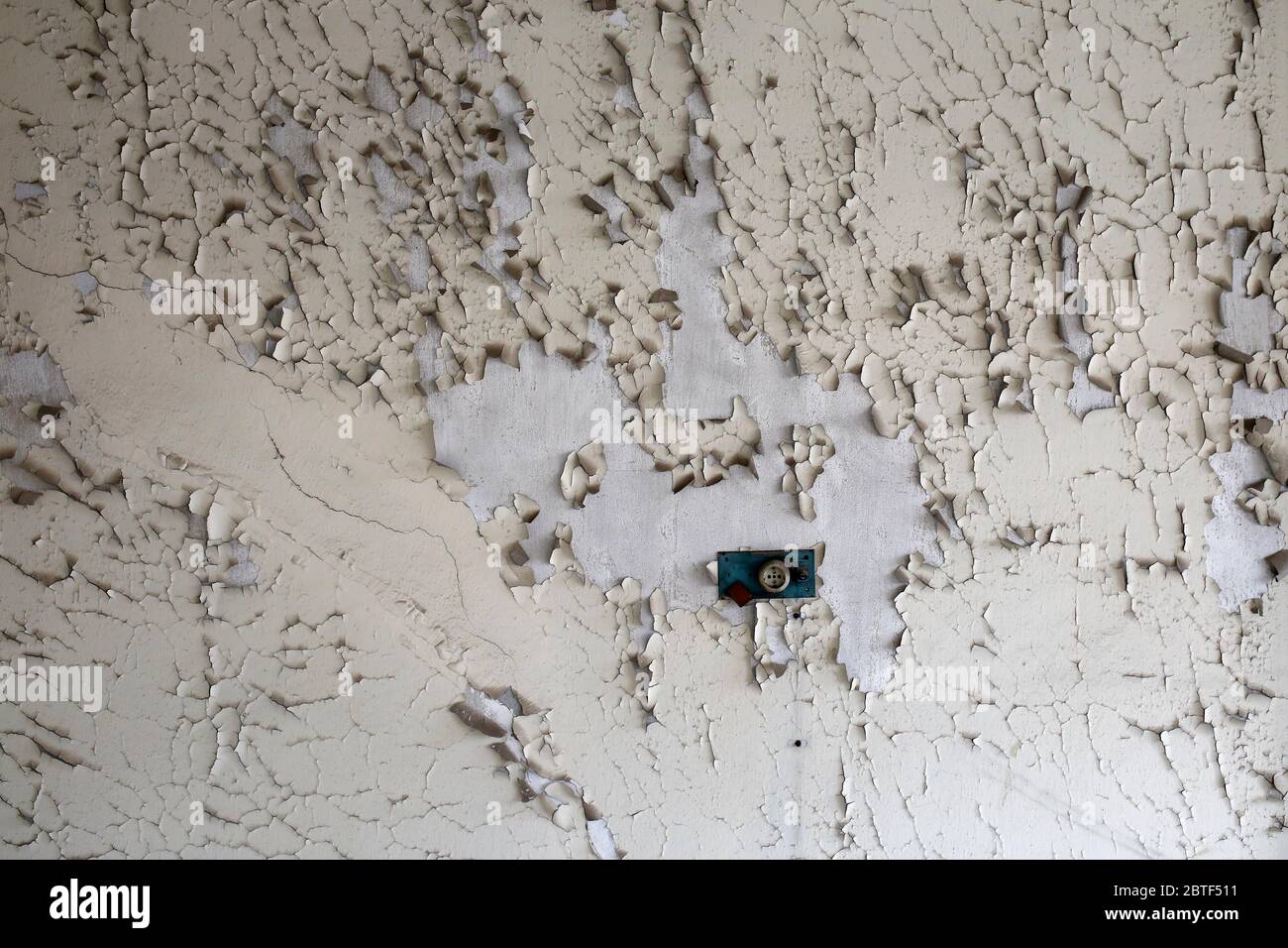 Detail aus einer leeren Wand, die von einem verlassenen Gebäude abgeschält wurde. Stockfoto
