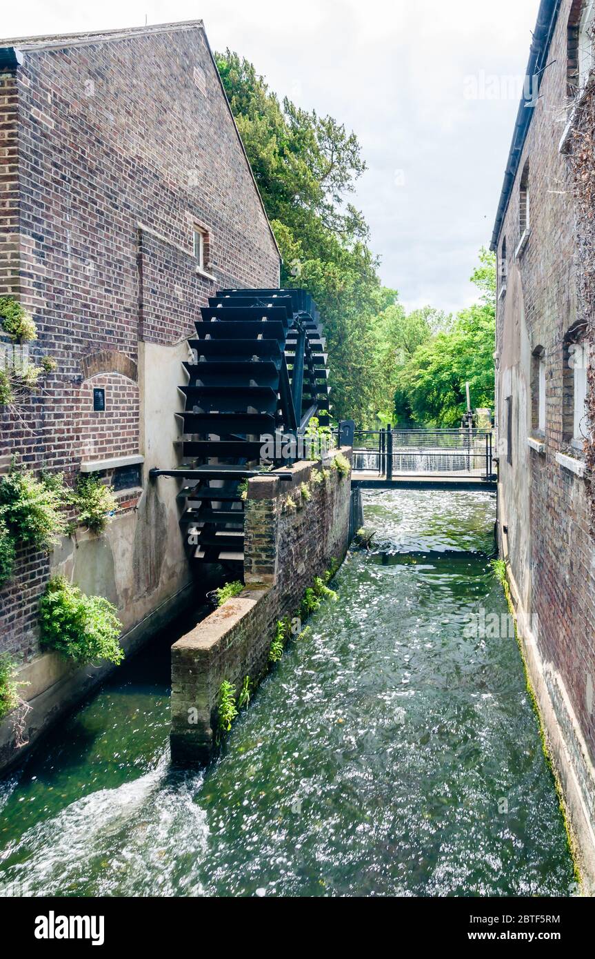 Der Schnupftabak Mühle Wasserrad, Morden Hall Park, London. Schnupftabak-Produktion war eine Hauptindustrie auf dem Fluss Wandle im 19. Jahrhundert. Stockfoto