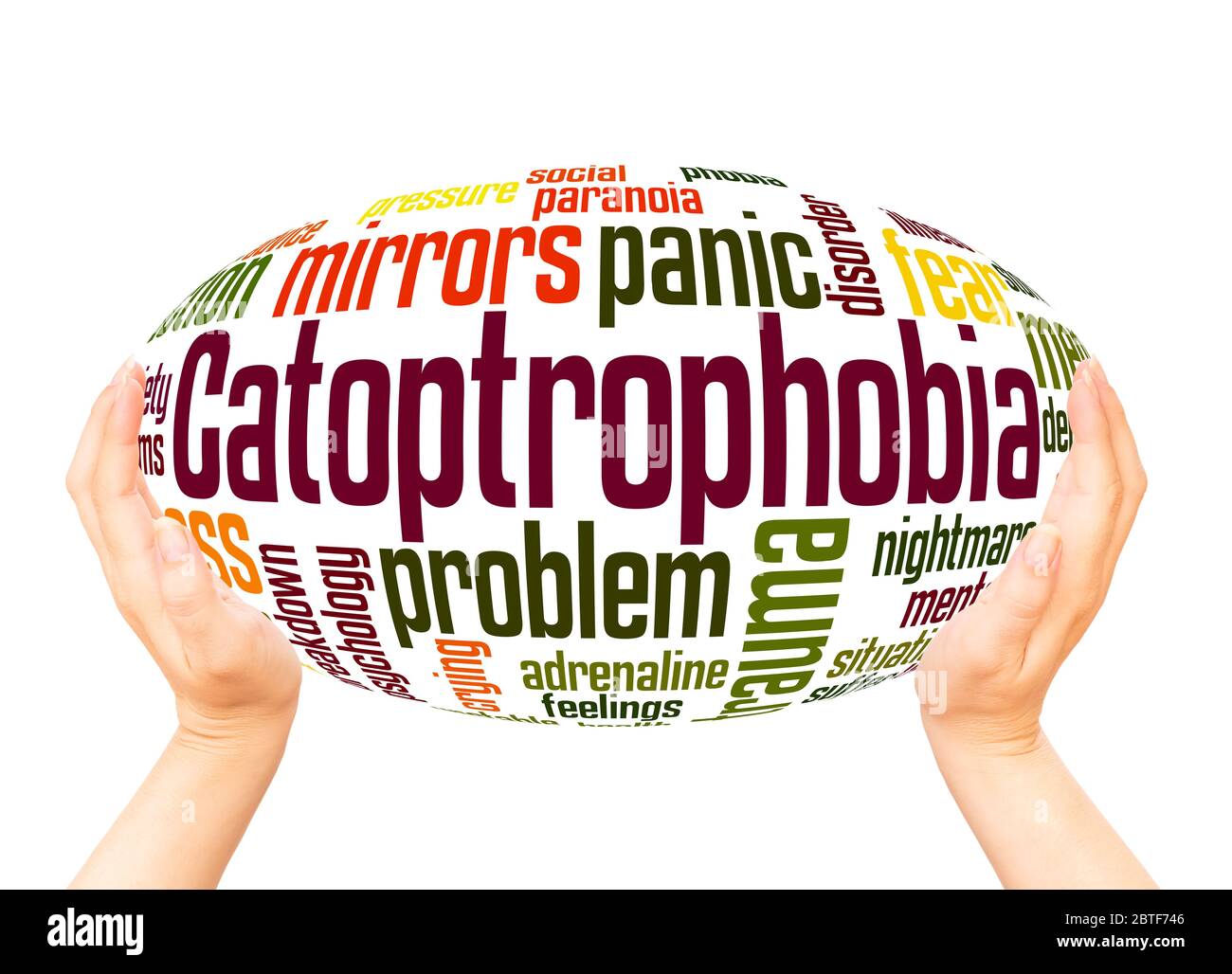 Catoptrophobie Angst vor Spiegeln Wort Hand Kugel Wolke Konzept auf weißem Hintergrund. Stockfoto