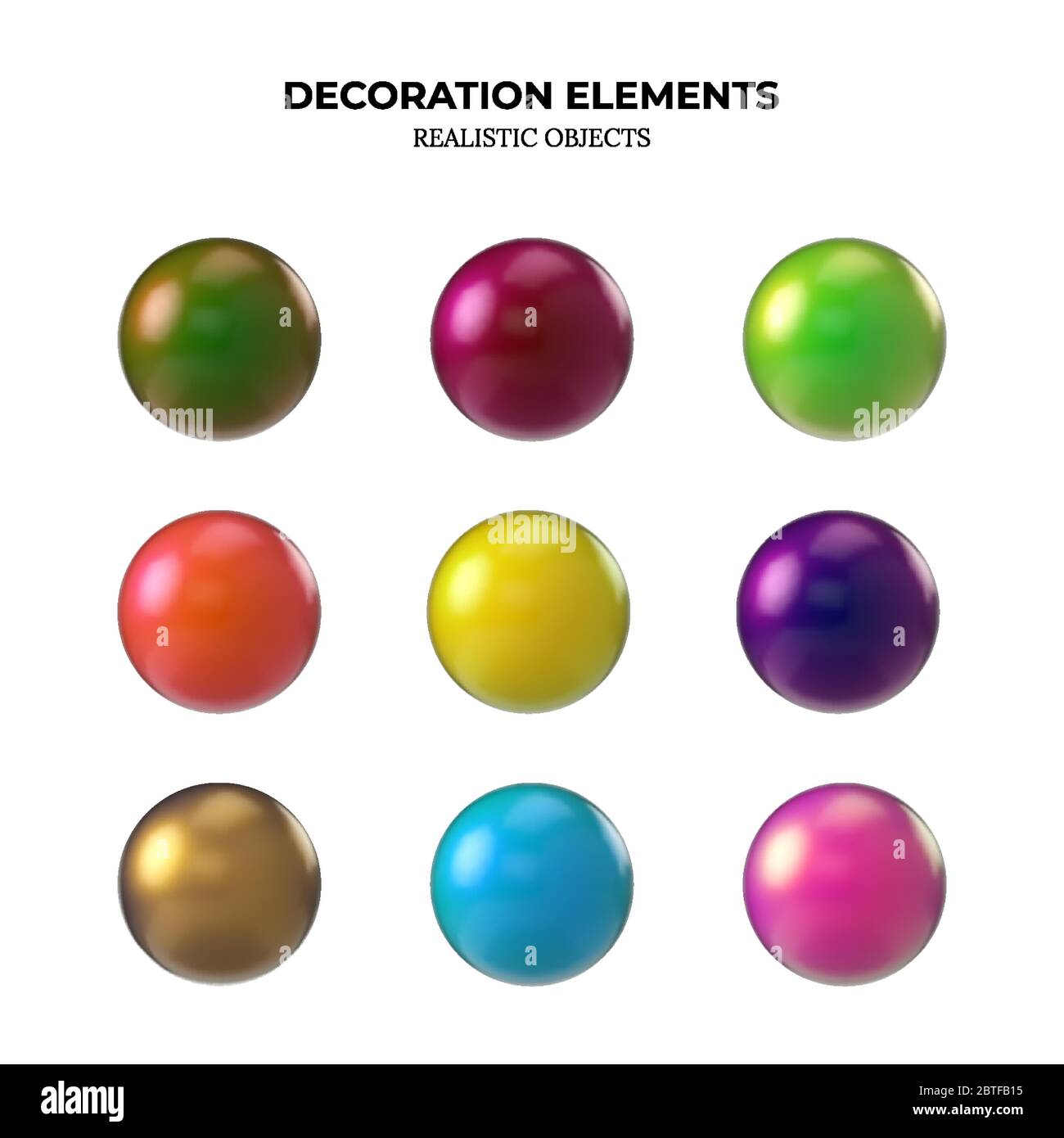 Set von 3D Kugeln isoliert auf Weiß. Matte und glänzende Kugeln aus Gold, Rot, Blau und Schwarz Metall. Shine Runde Kugel oder geometrische Objekte. Perle aus Metall und Kunststoff. Vektorgrafik Stock Vektor