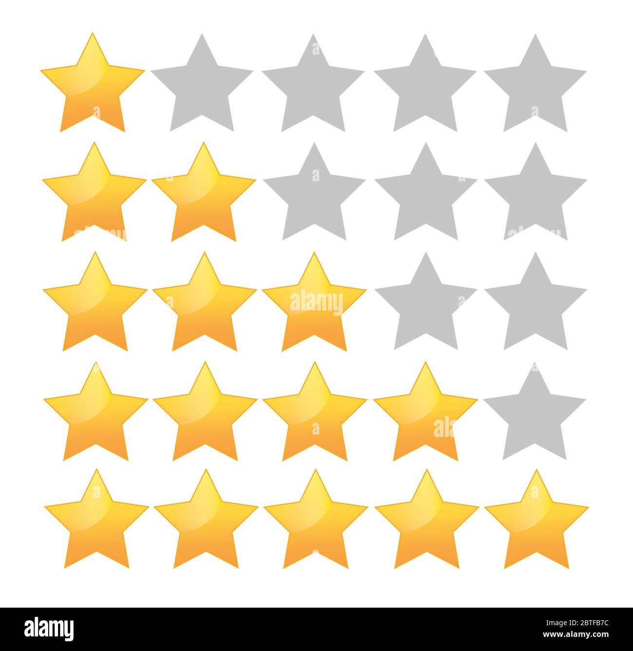 Fünf Sterne Bewertung Symbol Vektor-Illustration isoliert auf weißem Hintergrund.Satz von goldenen Sternen. Stock Vektor