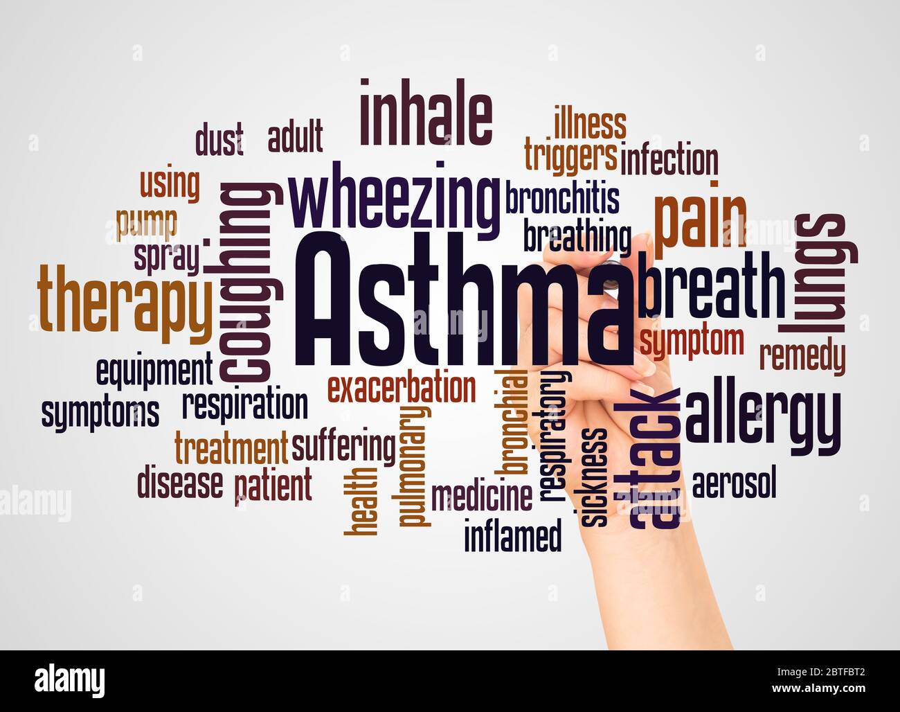 Asthma Wort cloud und Hand mit Marker Konzept auf weißem Hintergrund. Stockfoto