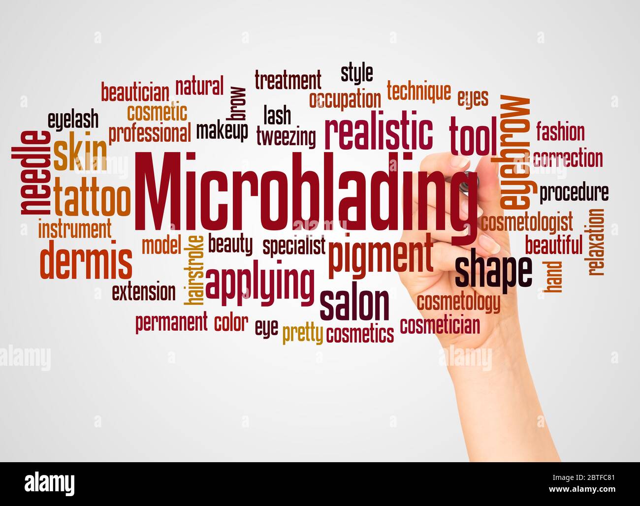 Microblading Wort Wolke und Hand mit Marker Konzept auf weißem Hintergrund. Stockfoto