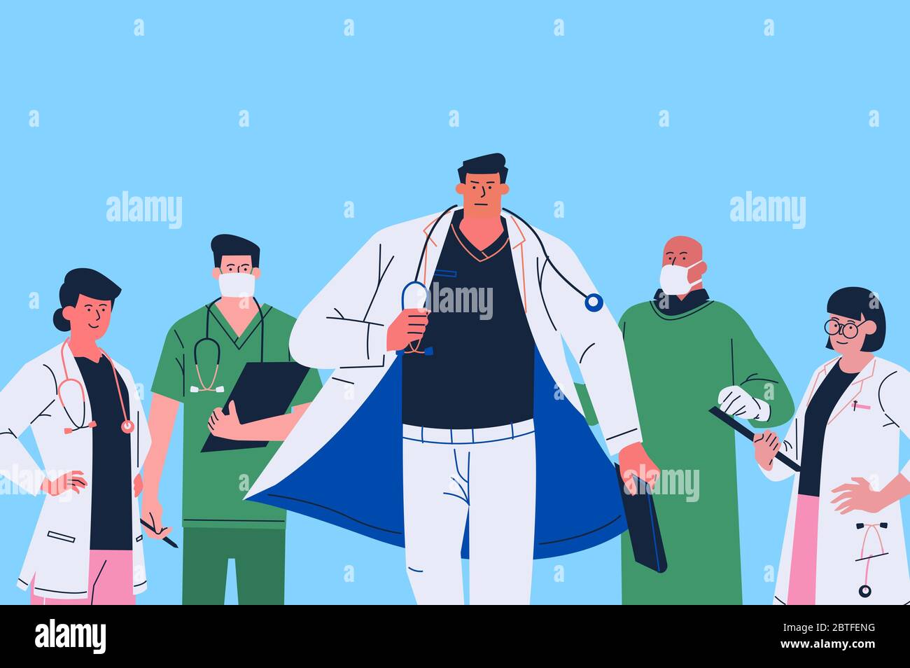 Illustration der Gesundheitshelfer stehen vor himmelblauem Hintergrund vereint, um die neuartige Pandemie des Corona Virus (Covid-19) zu bekämpfen. Leere CO Stockfoto