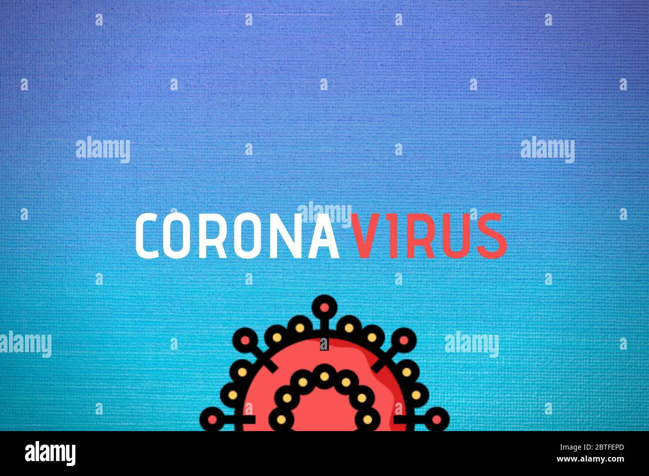 Kunstdarstellung mit abgestufter blauer Hintergrunddarstellung einer mikroskopischen Ansicht des Corona Virus (Covid-19) Krankheit Antigen Stockfoto