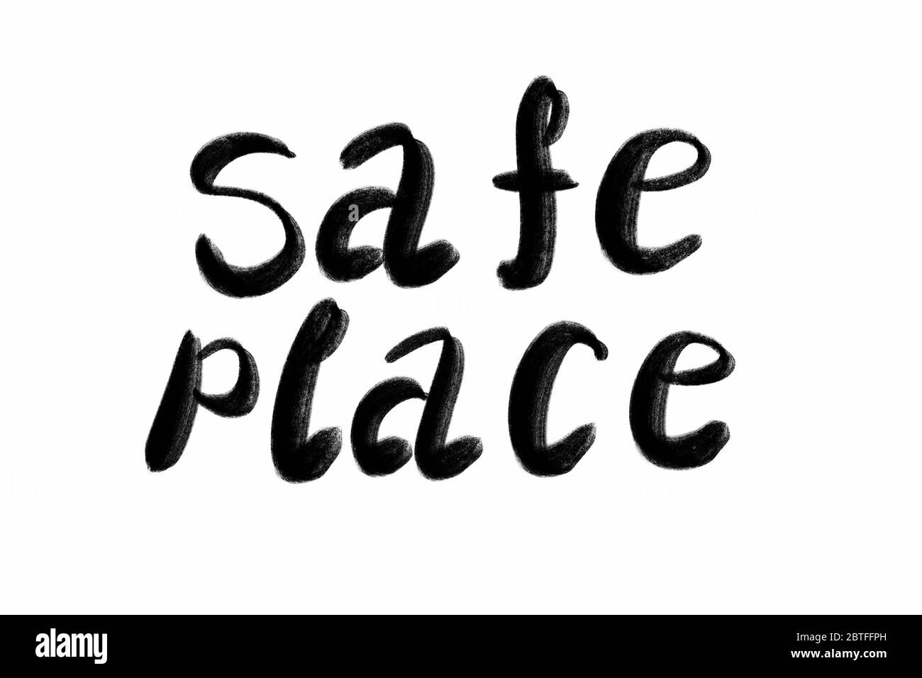 Safe Place handgeschriebener Text - Schriftzug isoliert auf weiß. Coronovirus COVID 19-Konzept Stockfoto