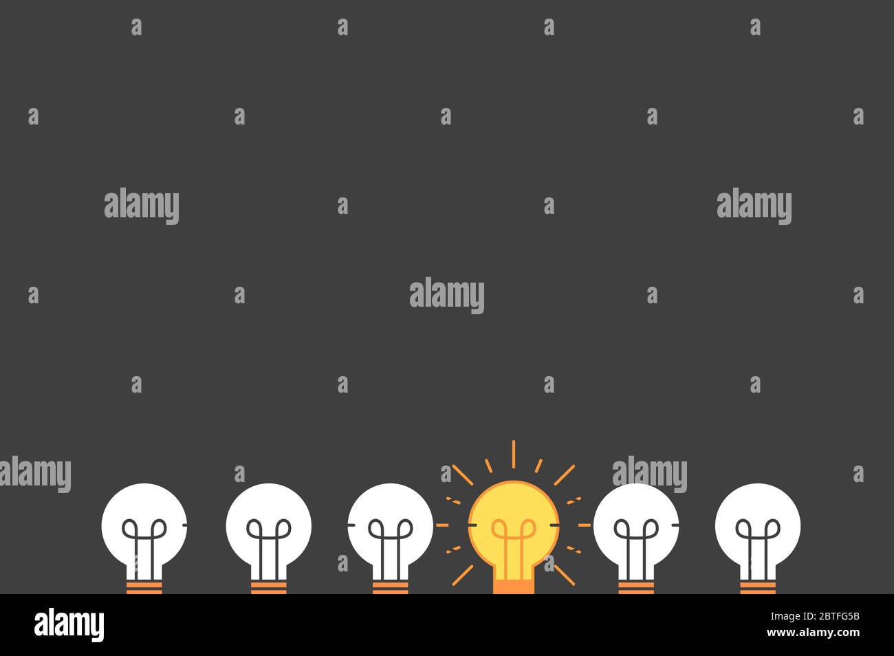 Set von horizontal gehalten Glühbirnen mit einem glühenden und beleuchtet. Trendy flache Vektor-Glühbirne Symbole mit Konzept der Idee gegen eine graue schwarze Rückseite Stockfoto