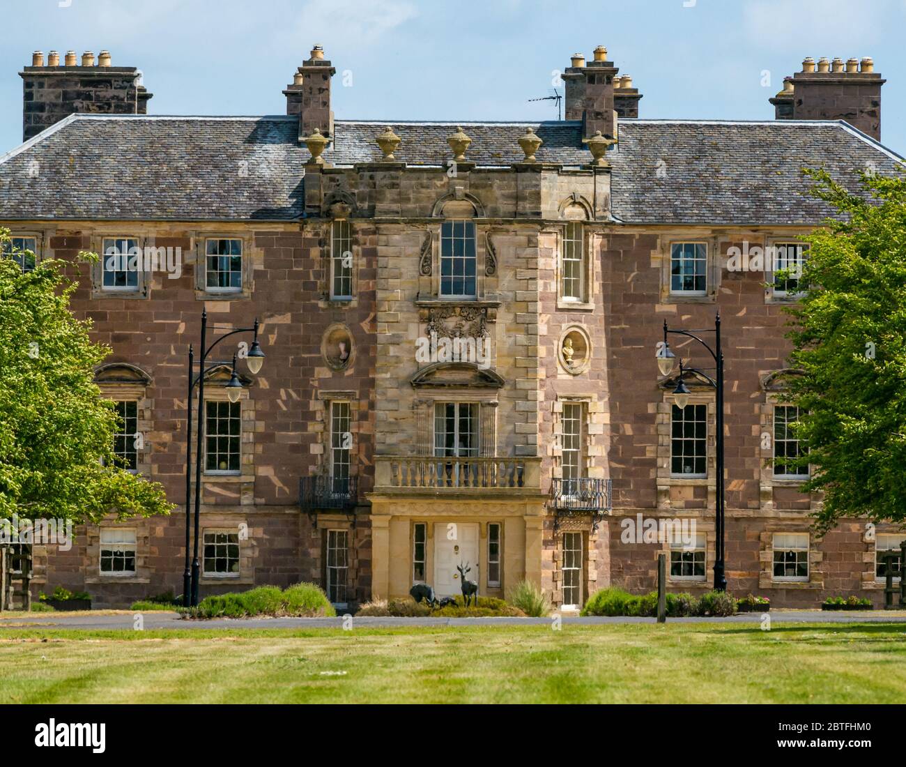 Blick auf das palladianische Herrenhaus Archerfield House, East Lothian, Schottland, Großbritannien Stockfoto