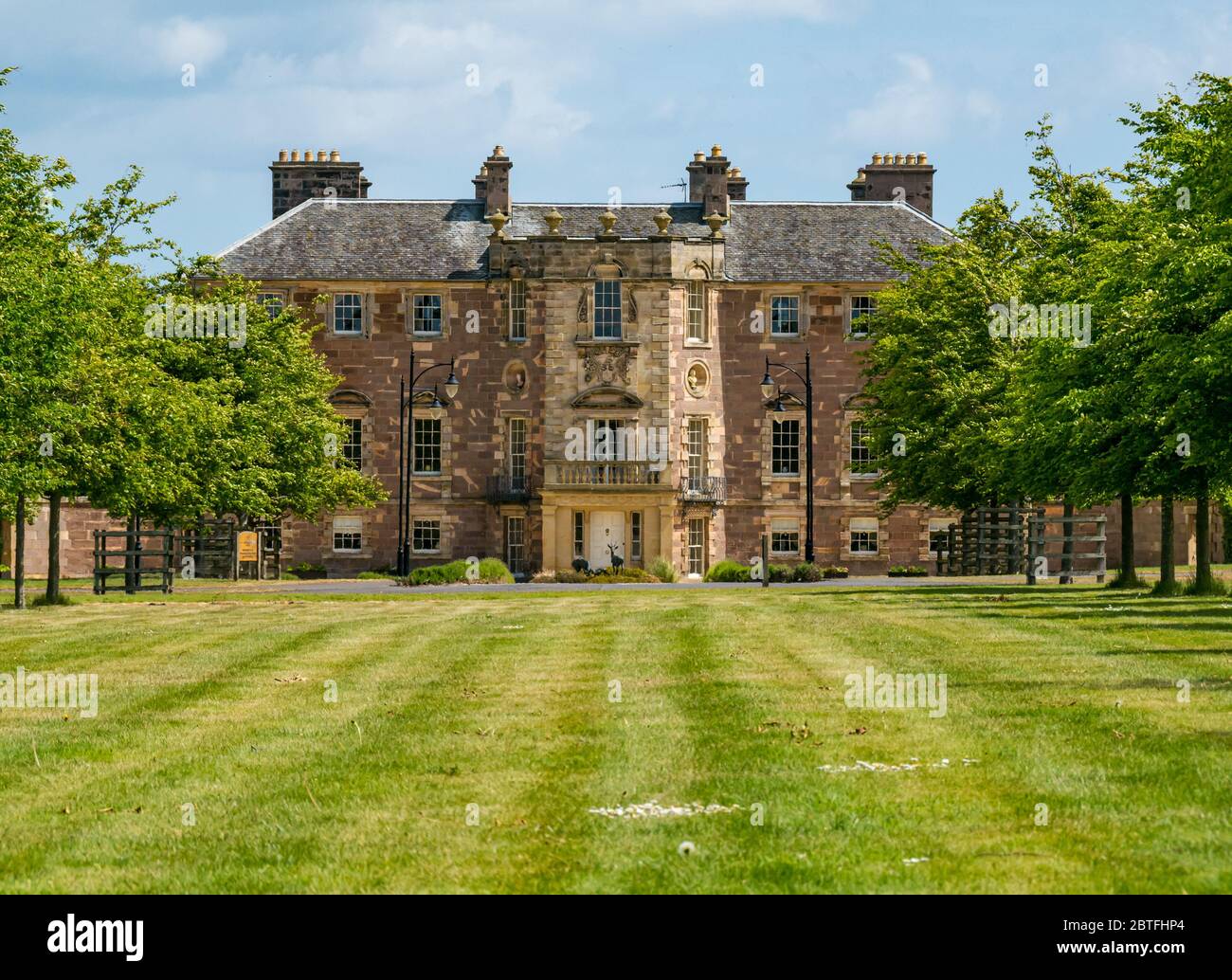 Blick auf das palladianische Herrenhaus Archerfield House, East Lothian, Schottland, Großbritannien Stockfoto