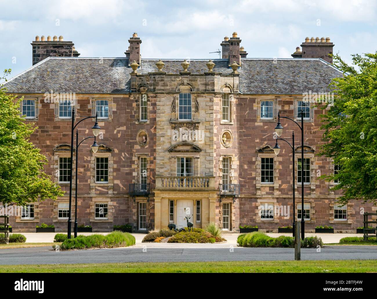 Blick auf das palladianische Herrenhaus Archerfield House, East Lothian, Schottland, Großbritannien Stockfoto