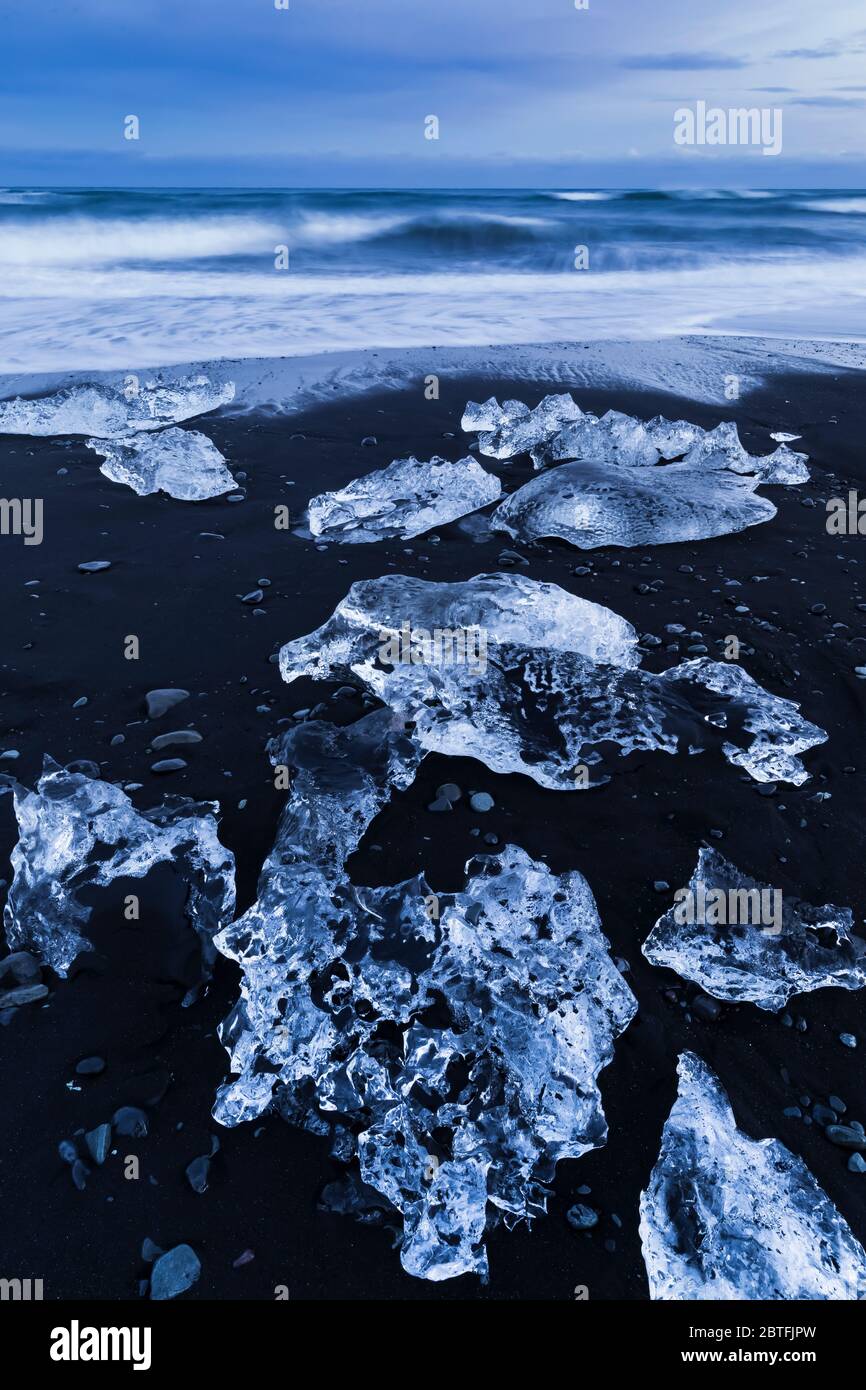 Schmelzender Klumpen klaren Eiseises, ursprünglich vom Breiðamerkurjökull Gletscher in die Lagune von Jökulsárlón eingekalbt, am Diamond Beach an der Südküste Stockfoto