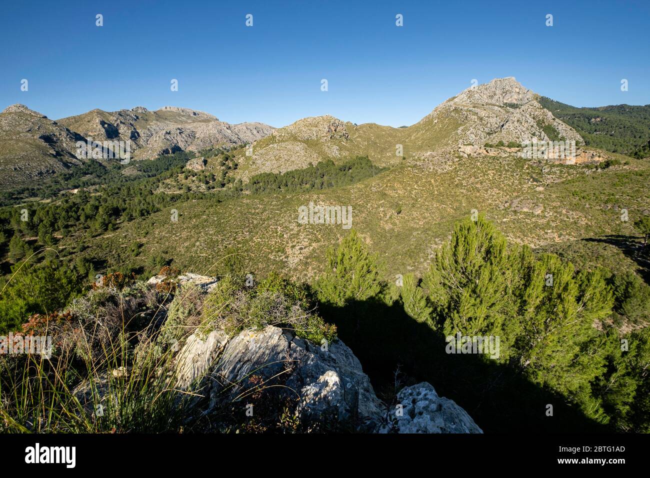 Puig de Galatzó, 1027 Metros de altura y Mola de s'Esclop, 926 Metros, Sierra de Tramuntana, Mallorca, Balearen, Spanien. Stockfoto