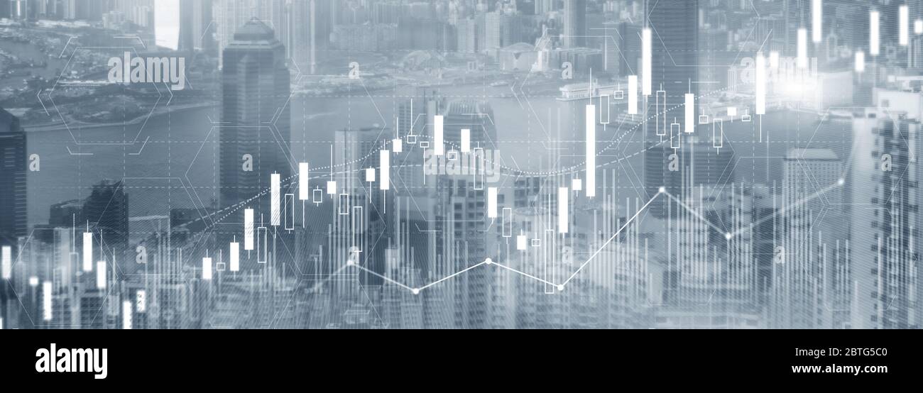 Aktienhandel, Investitionen, Kerze Aktienmarkt Diagramm Website header Banner City View Skyline. Stockfoto