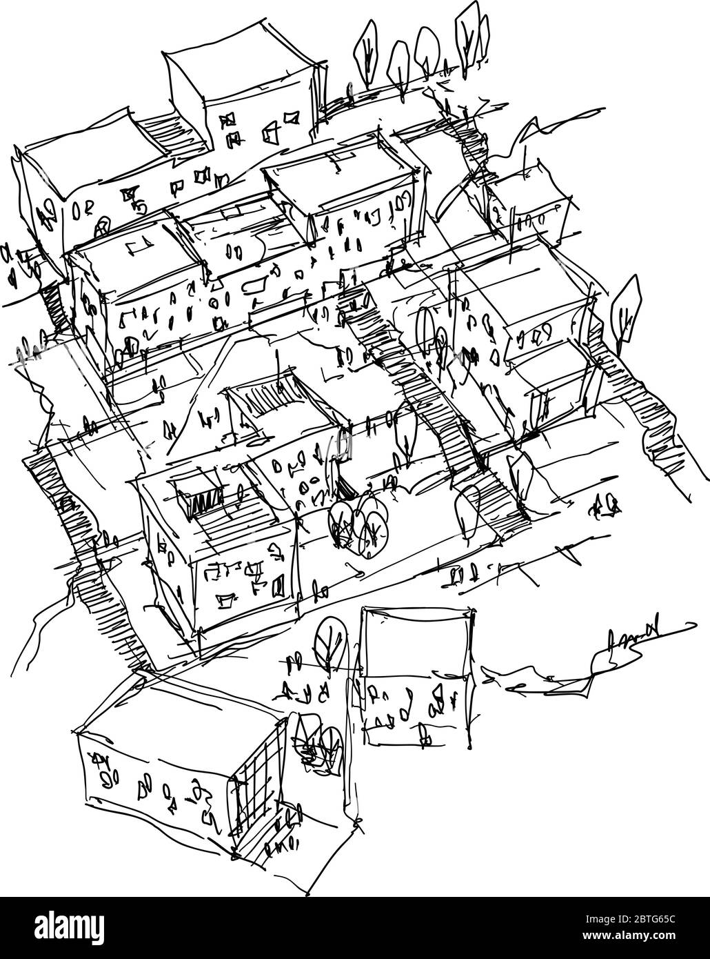 Handgezeichnete architektonische Skizze eines modernen Urbanismus mit Gebäuden und Menschen um Stock Vektor