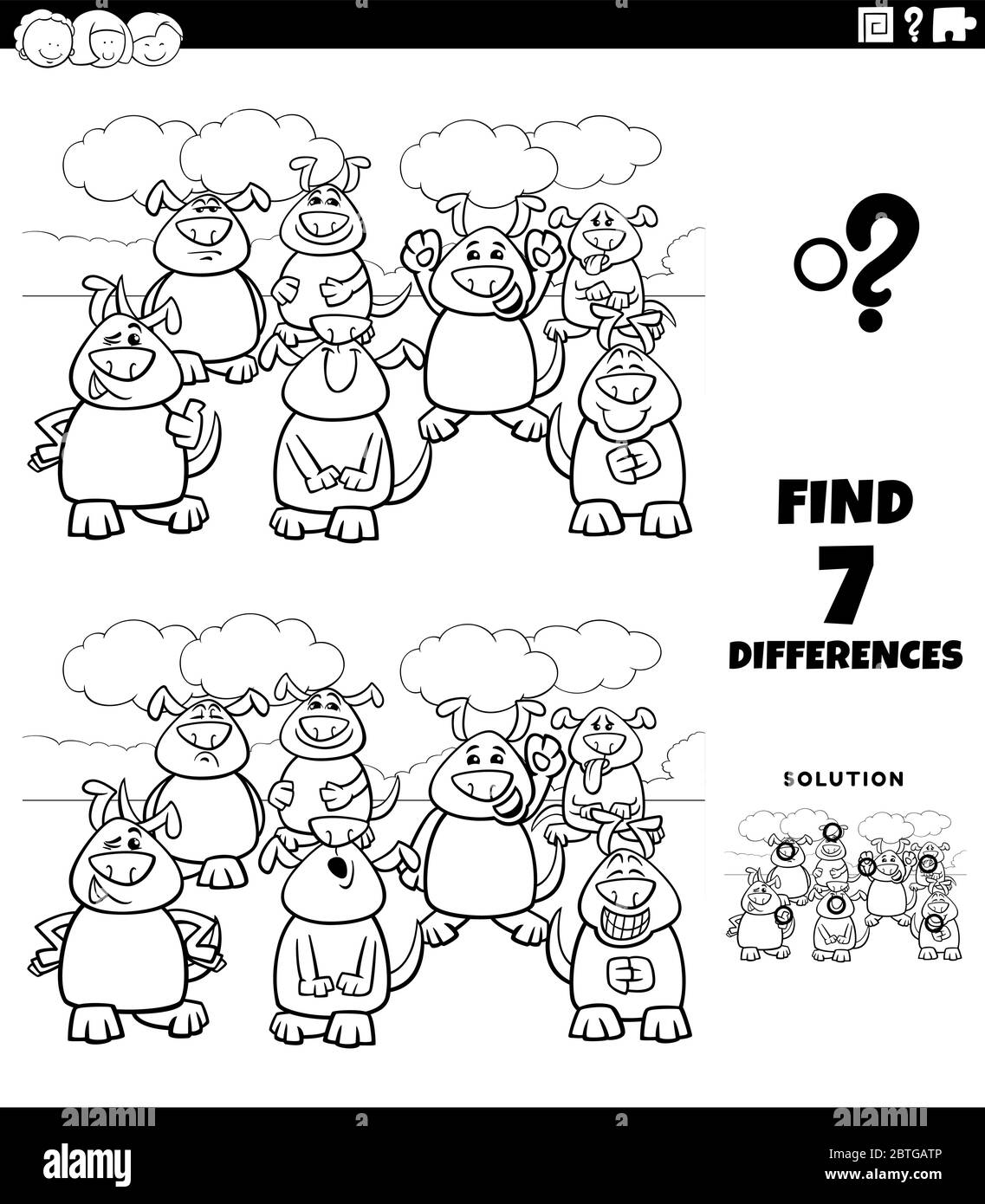 Schwarz-Weiß Cartoon Illustration der Suche nach Unterschieden zwischen Bildern Bildungsaufgabe für Kinder mit Comic-Hunde Gruppe Malbuch Seite Stock Vektor