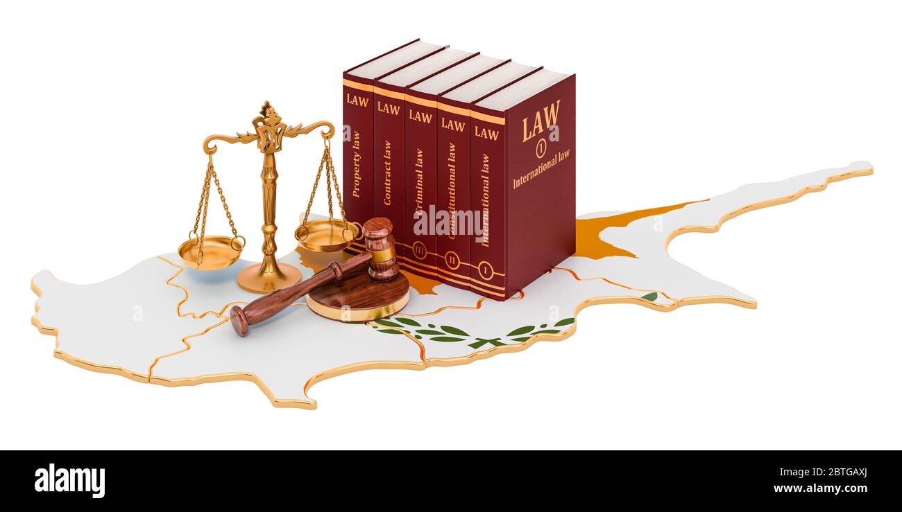 Recht und Gerechtigkeit in Zypern Konzept, 3D-Rendering isoliert auf weißem Hintergrund Stockfoto