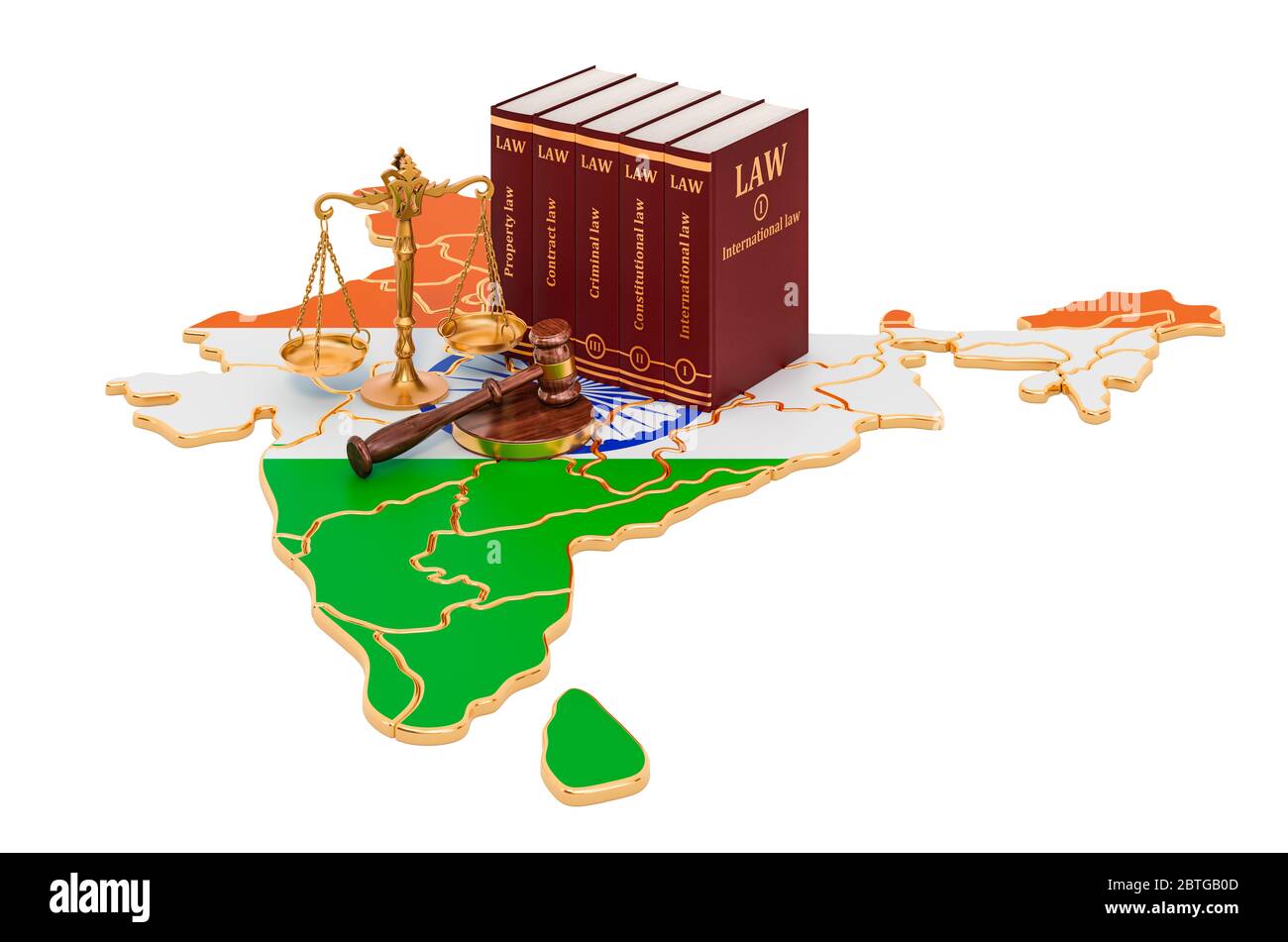 Recht und Gerechtigkeit in Indien Konzept, 3D-Rendering isoliert auf weißem Hintergrund Stockfoto