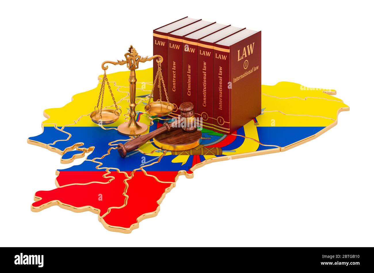 Recht und Gerechtigkeit in Ecuador Konzept, 3D-Rendering isoliert auf weißem Hintergrund Stockfoto