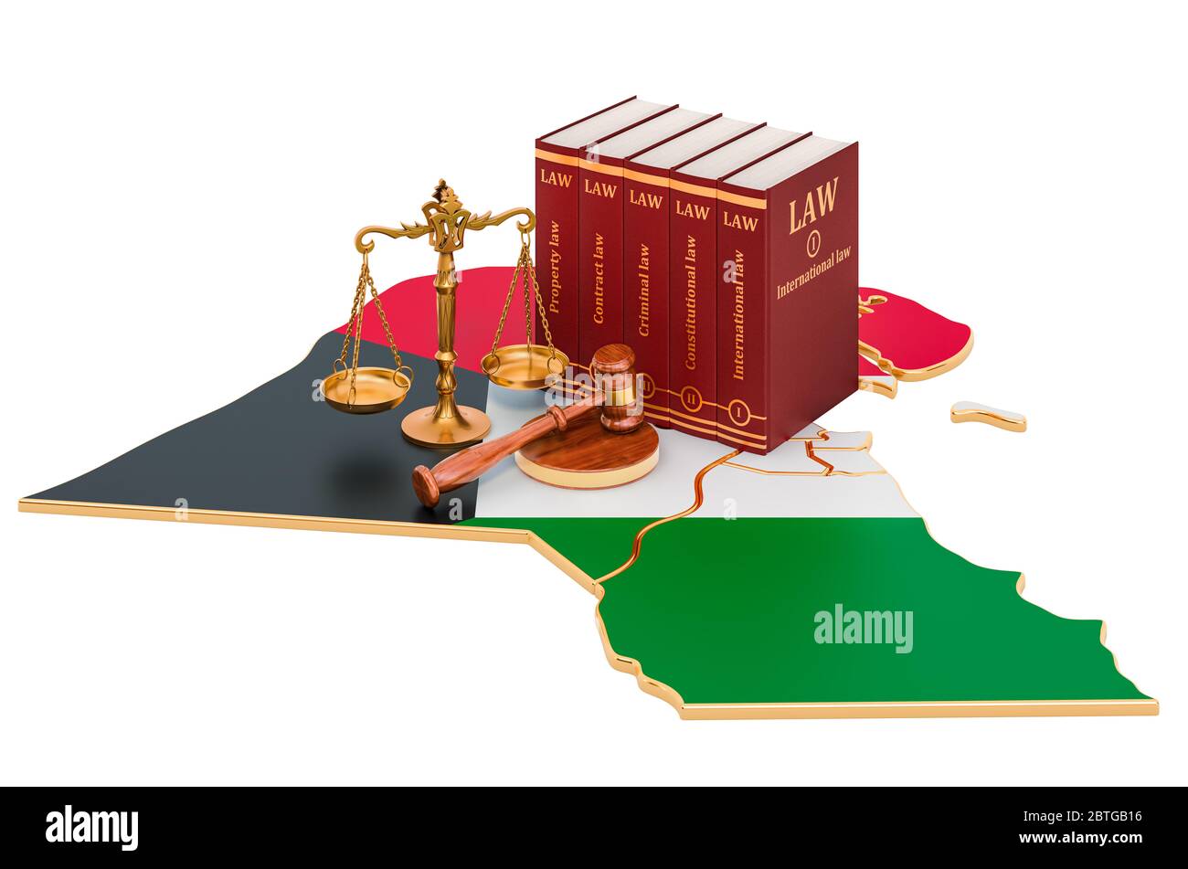 Recht und Gerechtigkeit in Kuwait Konzept, 3D-Rendering isoliert auf weißem Hintergrund Stockfoto