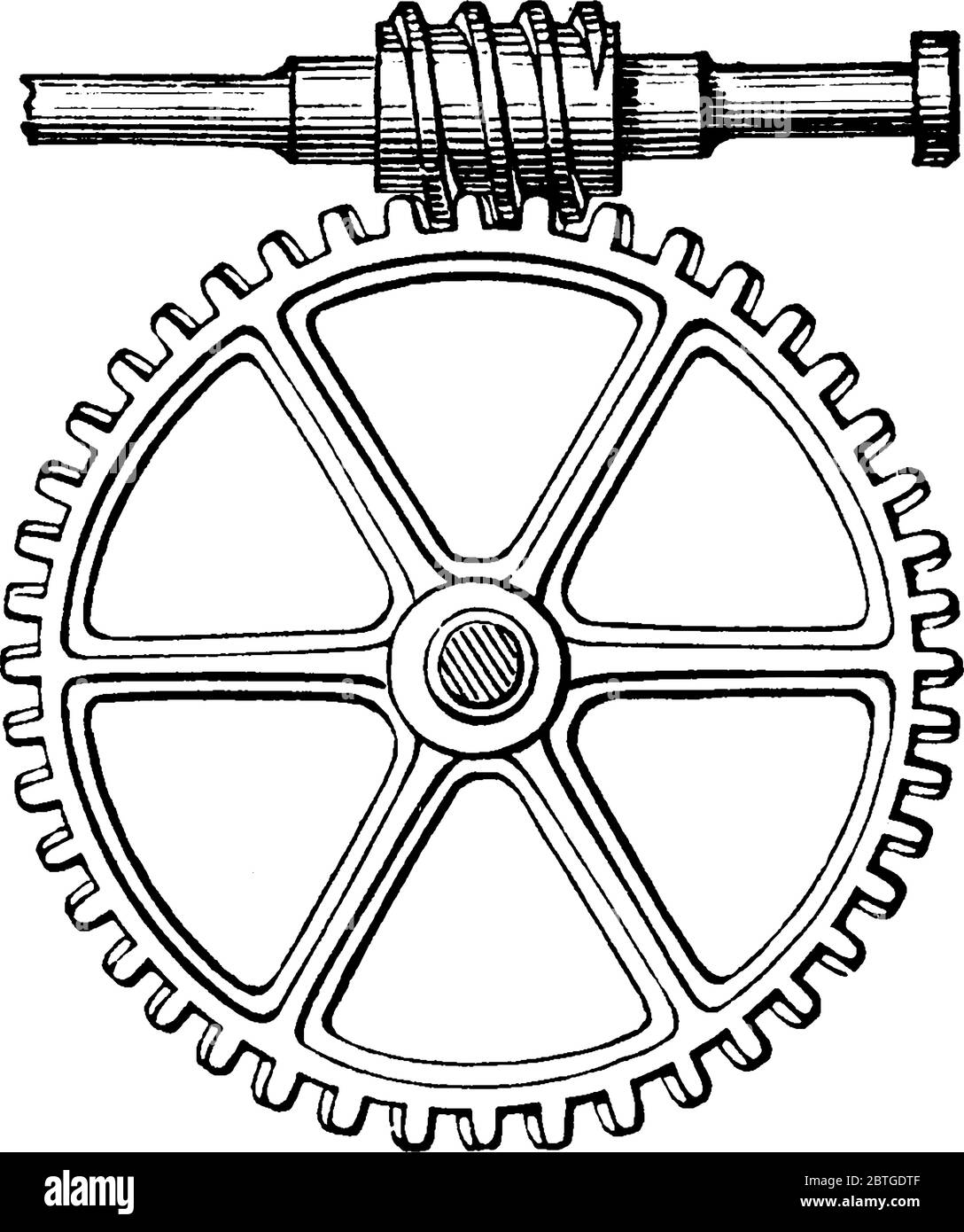 Eine mechanische Anordnung, bestehend aus einer Schraube, deren Gewinde in ein Rad mit schiefen Zähnen verzahnt, die dem Winkel der Grube entsprechende schräge Stock Vektor