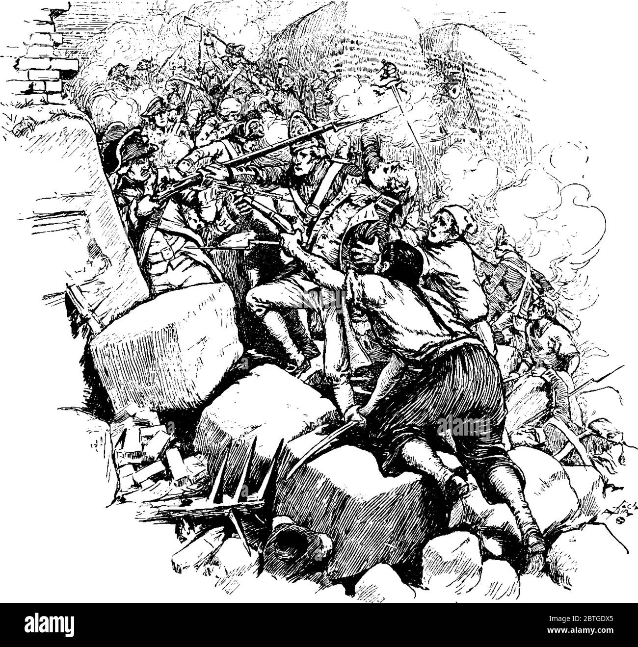 Ein Leutnant, ein Junior-Offizier der Streitkräfte, der versucht, einen Hügel hinauf und verteidigen sich von einer Menge mit mächtigen Waffen, V Stock Vektor