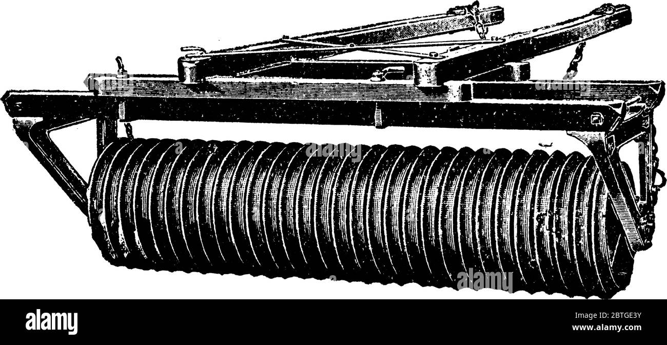 Pulverisierer mit Metallrolle mit Kanten verwendet, um den Boden zu pulverisieren, Vintage-Linie Zeichnung oder Gravur Illustration. Stock Vektor