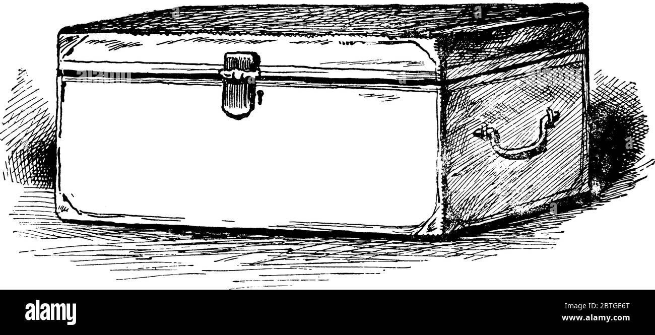 Amtsleitung. Es ist ein großer, starker Behälter, der für die Lagerung von Kleidung und persönlichen Besitztümern, Vintage-Strichzeichnung oder Gravur Illustration verwendet wird. Stock Vektor