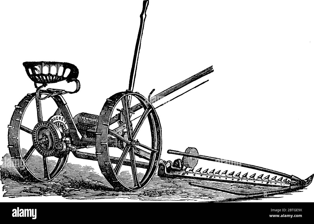 Buckeye Mäher sind Maschinen in der landwirtschaftlichen Industrie verwendet, um Gras oder Kulturen zu schneiden, erste im Jahr 1899 von Buckeye Mower hergestellt., Vintage-Linie drawin Stock Vektor
