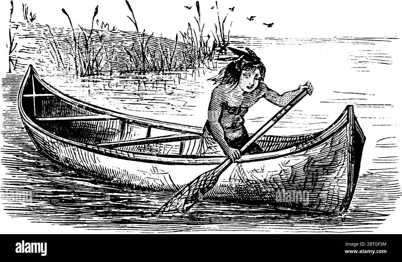 Das Bild zeigt einen Indianer in einem Birkenkanu, ein leichtes, schmales Schiff, das typischerweise an beiden Enden zeigt und nach oben offen ist und von einem angetrieben wird Stock Vektor