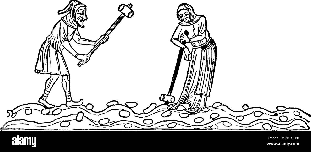 Zwei mittelalterliche Bauern, ein Mann und eine Frau, brechen Erdklumpen mit Schlägeln auseinander. Der Mann schwingt seinen Schläger, während die Frau zu ruhen scheint Stock Vektor