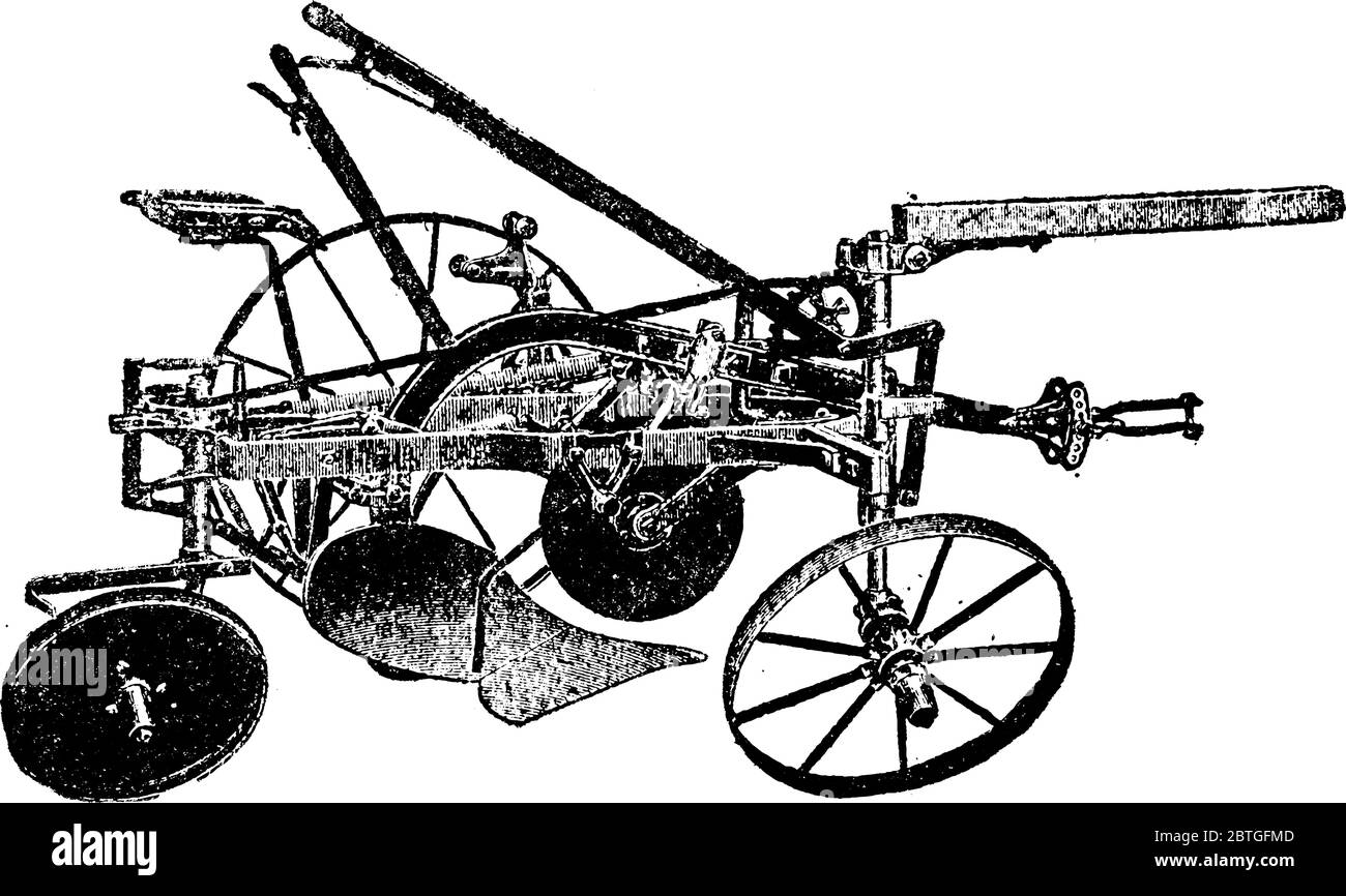 Rahmen Reiten Pflug mit zwei Seitenräder für die Bewegung und zwei zentrale kreisförmige Räder zum Schneiden von Boden, Vintage-Linie Zeichnung oder Gravur Illustration. Stock Vektor
