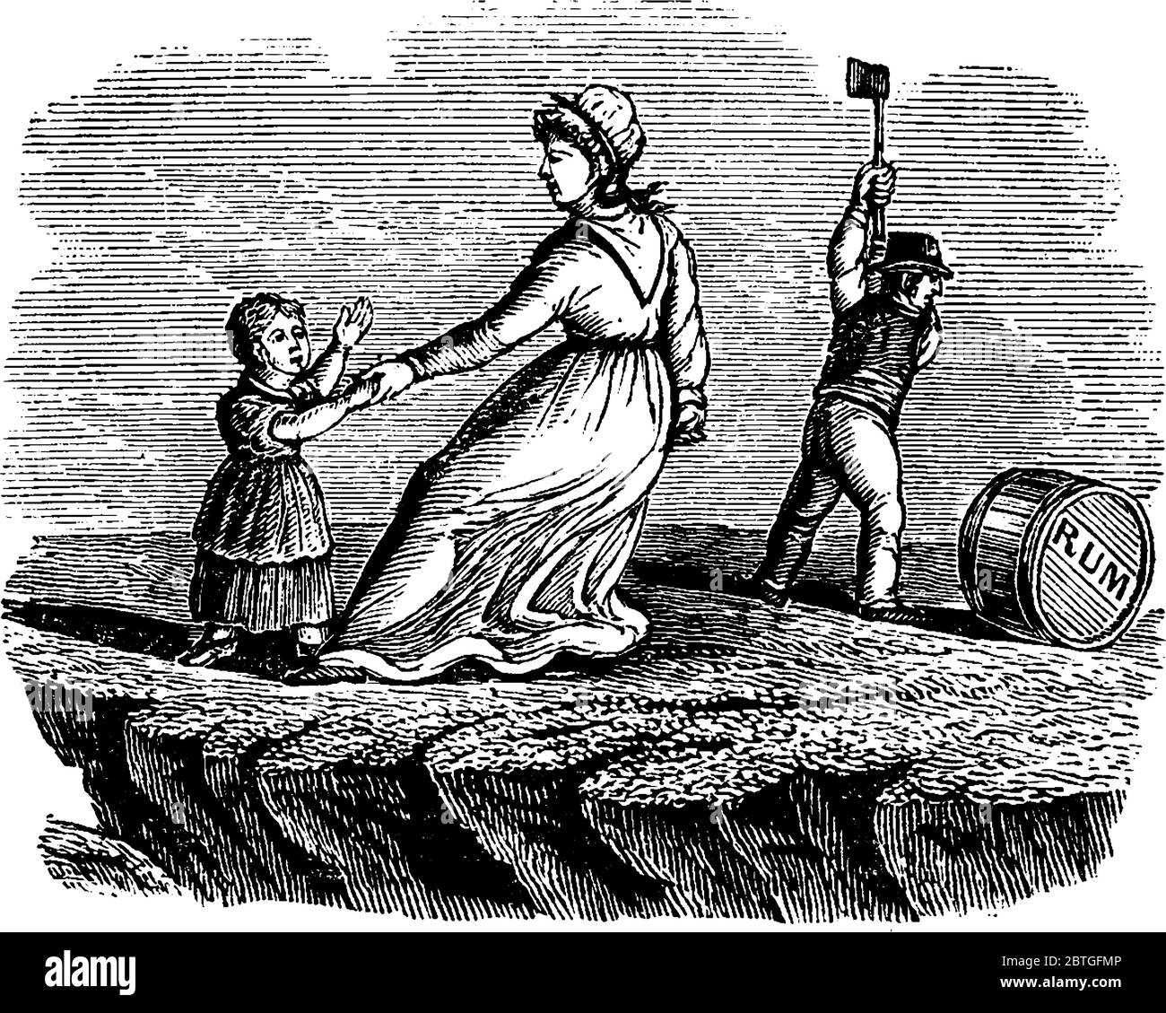 Eine Mutter zieht ihr Kind, während das Kind bittet, an einen gefährlichen Ort zu gehen, wo ein Mann mit Axt, Vintage-Strichzeichnung oder Gravur-Illus arbeitet Stock Vektor