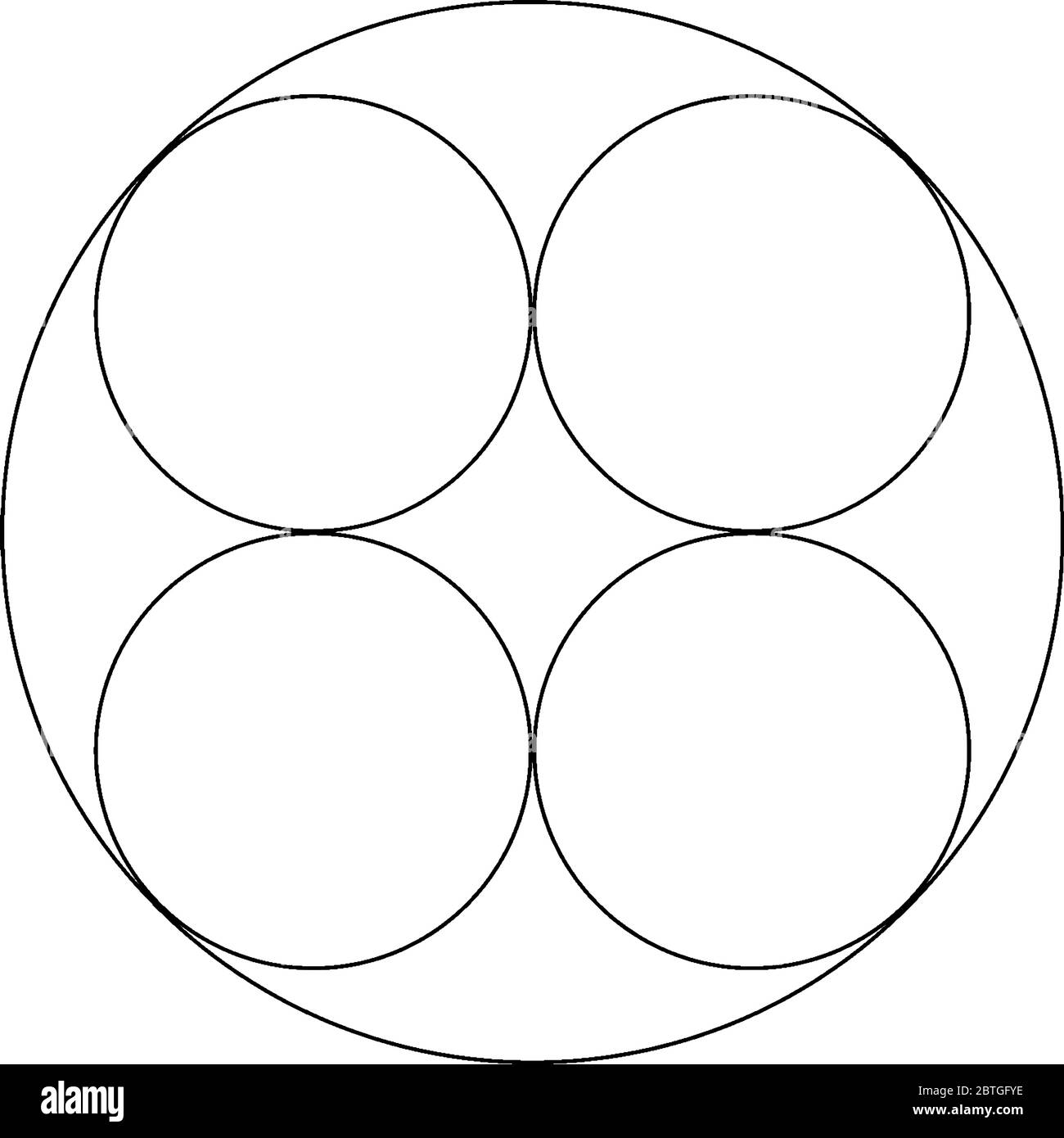 Vier vollständige Kreis innerhalb eines großen Kreises und Seiten der Kreise berühren einander, so dass geometrische Form, Vintage-Linie Zeichnung oder Gravur Stock Vektor