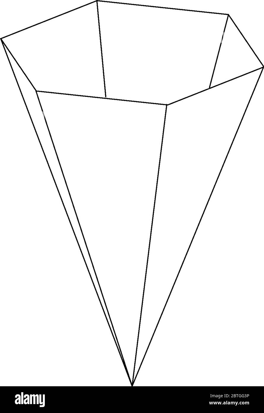 Geometrische Konstruktion einer hohlen rechten sechseckigen Pyramide. Die Basis ist ein Sechseck und die Gesichter sind gleichschenklige Dreiecke, Vintage-Linienzeichnung oder Engra Stock Vektor
