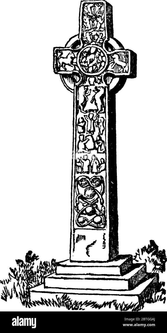 St. Martins Kreuz, Iona, mit gravierten Designs und diente als Wahrzeichen, um die Pilger auf dem Weg zum St. Columba's Shrine und der Abtei, Jahrgang zu führen Stock Vektor
