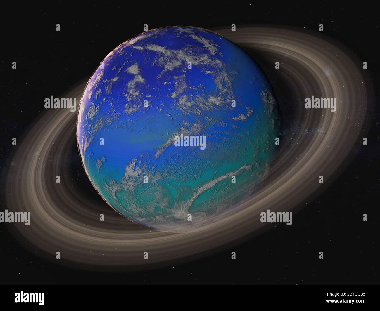 Fantastischer Exoplanet mit Atmosphäre an der Meeresoberfläche und Ring im Weltraum. 3D-Darstellung. Elemente dieses Bildes, die von der NASA bereitgestellt wurden. Stockfoto